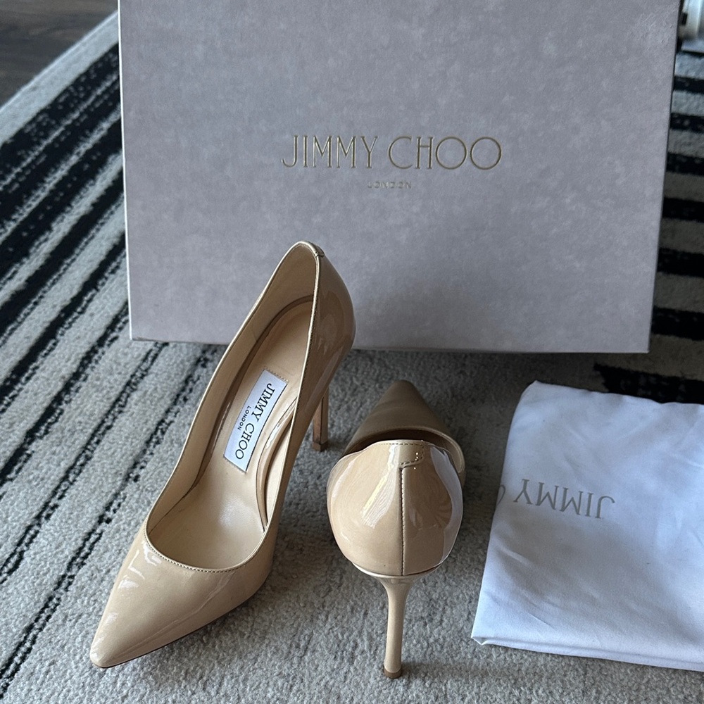 Jimmy Choo Romy 100 Nude Patent Leather Heels